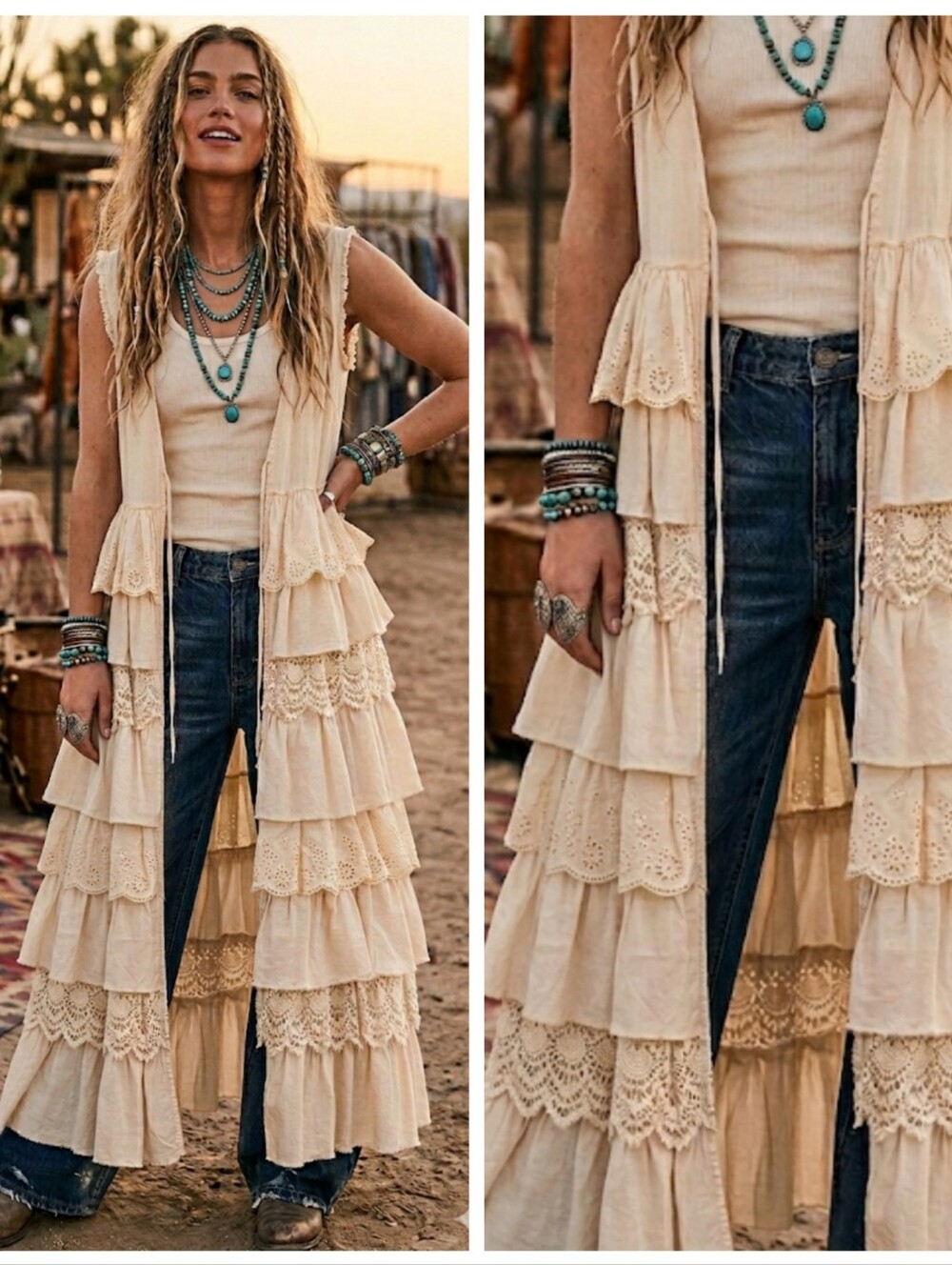 Boho Cream Tiered Lace Crochet Duster Vest